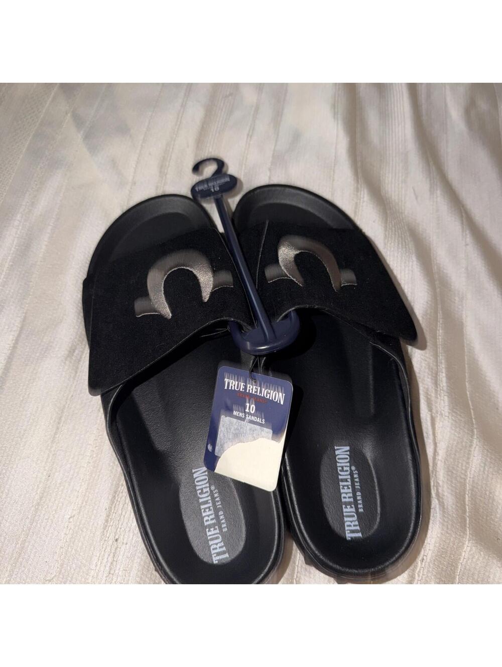 True Religion Men TR-Biggy-PBS Black Logo Sandals adjustable  top strap Size 10